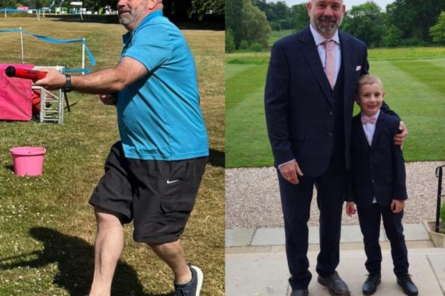 Mark before and after his weight loss with son, William